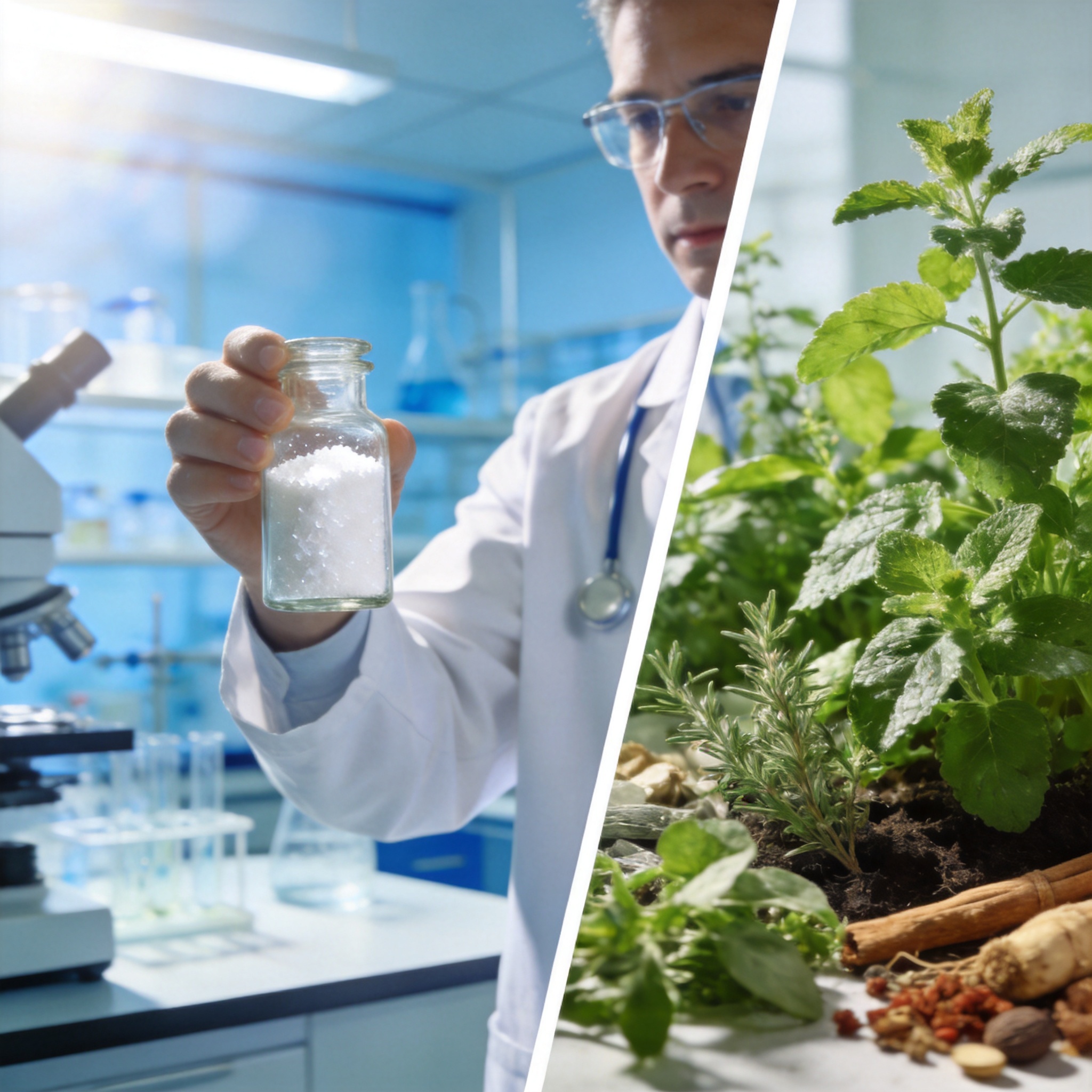 Modern pharmaceutical laboratory scene with a scientist inspecting a glass vial of white crystalline powder alongside fresh green medicinal plant leaves — representing FocusNutr's dual expertise in medical and functional food ingredients