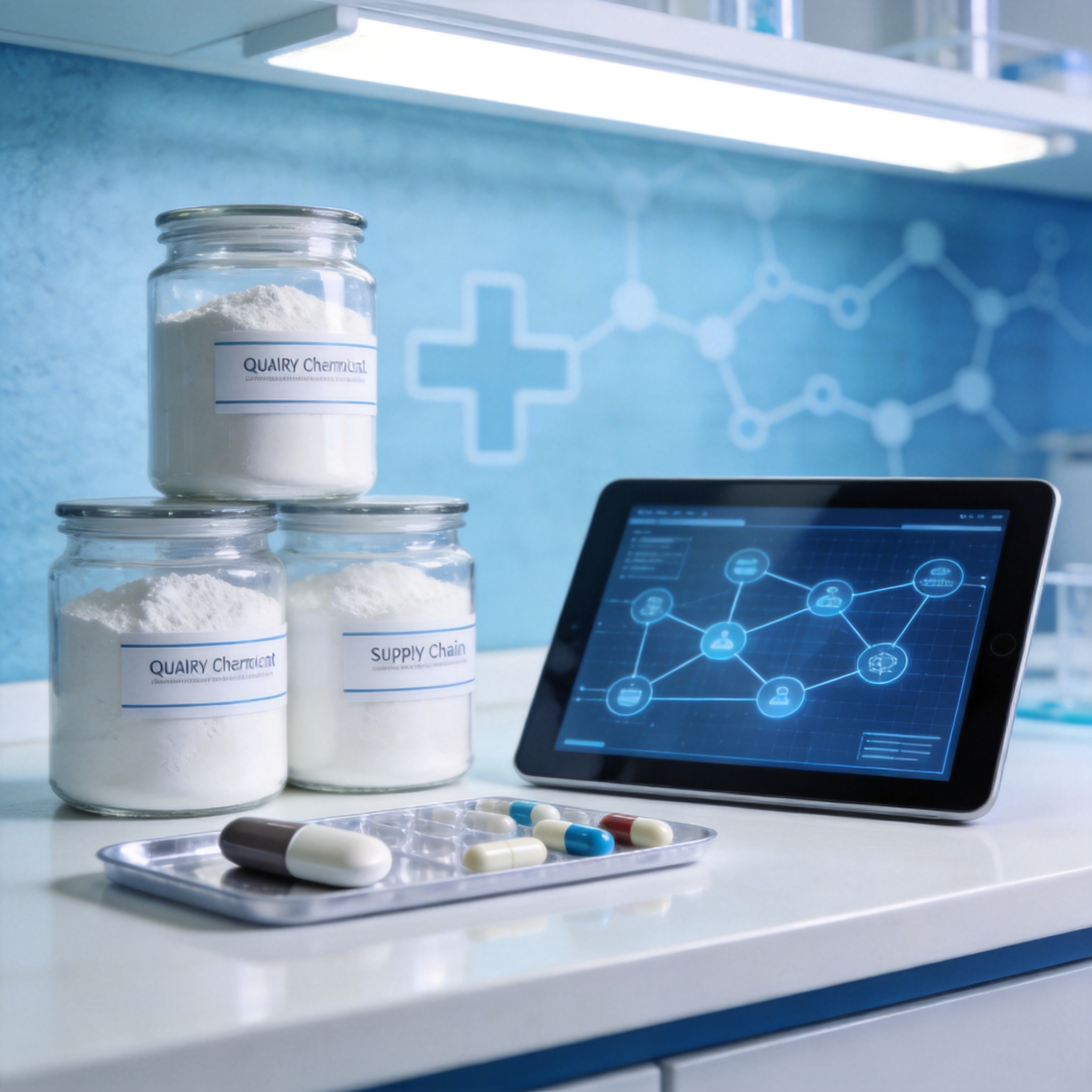 Global supply chain concept — world map on tablet, glass jars of powders and botanical ingredients, symbolizing manufacturer to formulator connection