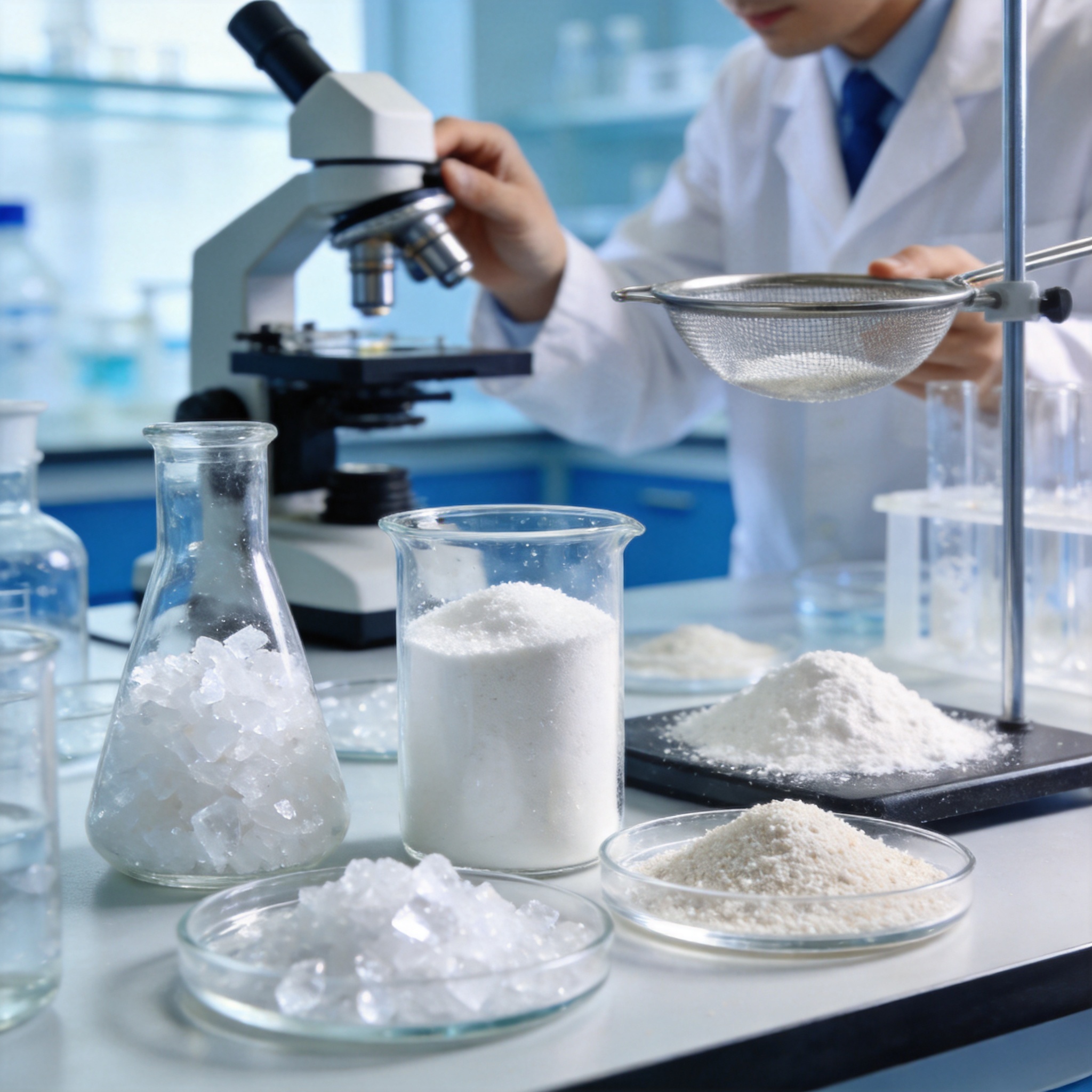 Pharmaceutical raw material customization laboratory with crystalline powders and glass beakers