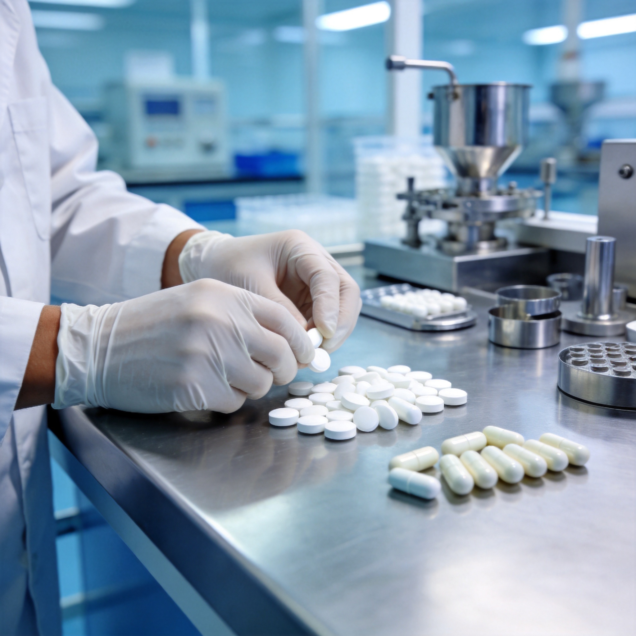 Pharmaceutical formulation laboratory with tablets and capsules